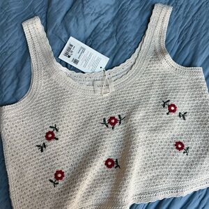 Sezane YDA Top - Beige Knit Tank Top with Red Floral Embroidery